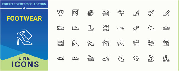 Footwear icon. Contains such icons as fashion, foot, wear, sandals, heels and more. Shoe line icon set. Outline icons collection. Editable stroke.