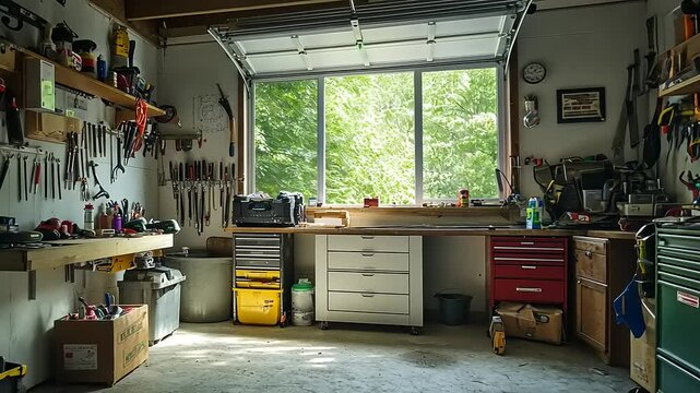 Bright and organized garage workshop with tools on shelves, a workbench, and natural light filtering in
