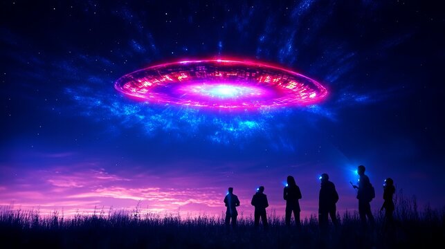 UFO hovers in the night sky as group of people look up from a grassy field with some holding lights! - Powered by Adobe