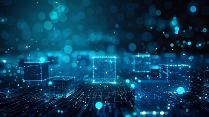 Fototapeta premium A dark and mysterious data center. The blue lights of the servers are reflected on the floor. The atmosphere is cold and sterile.