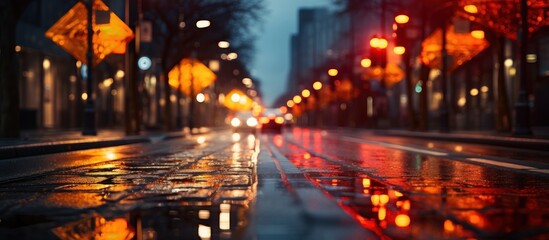 Rainy City Street, Rainy city street at night. Blurred city lights. Abstract background