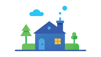 Fototapeta premium house, blue, trees, clouds, simple cartoon illustration, minimalist, flat design, vector graphics 
