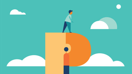  person standing on a large letter P, landscape background with clouds, sun and moon, digital art style, flat minimalistic design
