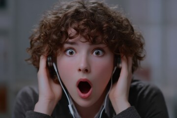 Astonished young person listening intently to headphones.