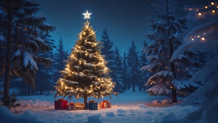 A christmas tree with lights and a star in a snowy forest with presents underneath the tree