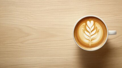 Latte art coffee cup on light wood table top view