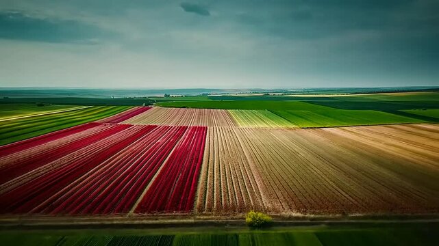 Aerial view of vibrant striped fields showcasing colorful flowers and lush greenery under a cloudy sky
