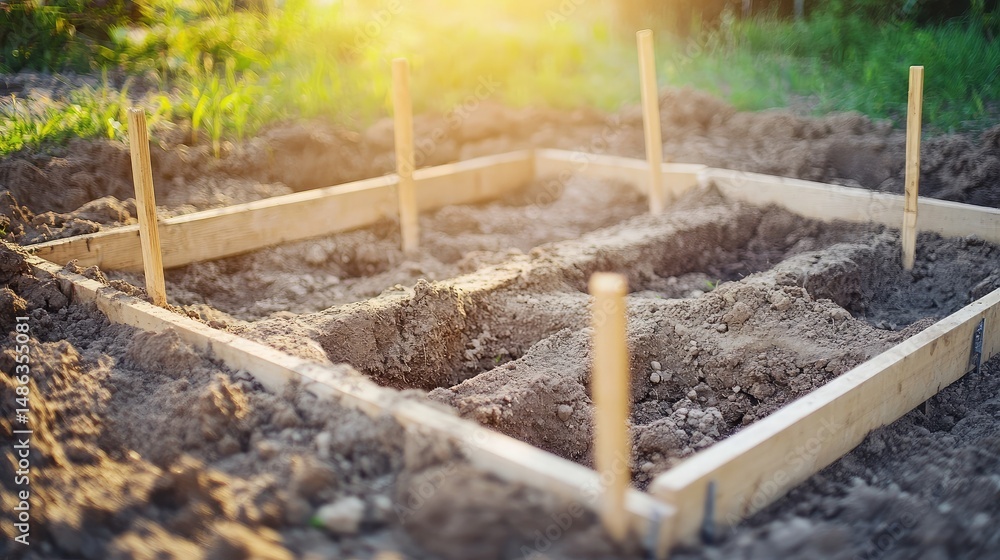 Poster clean and precise layout of building foundation with corner stakes and chalk lines