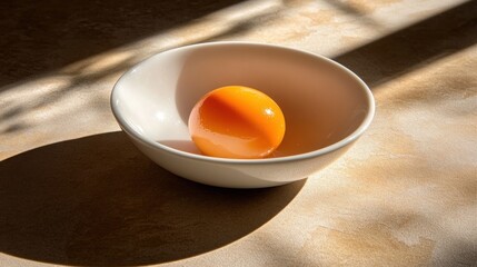 Single yolk in white bowl sunlight shadow minimalist food photography
