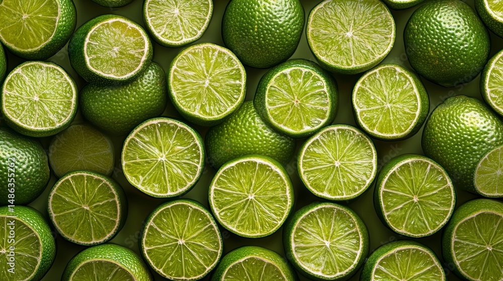 Poster close-up of many halved and whole limes arranged on a green background.