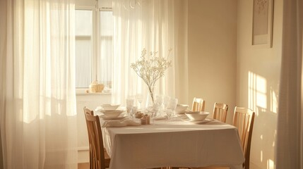 Sunlit dining room interior minimalist table setting sheer curtains light beige tones