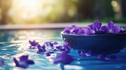 Purple flowers floating in blue water bowl tranquil scene spa wellness concept