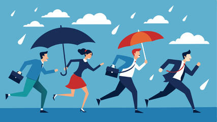 people running in rain with umbrellas, colorful umbrellas, rainy day, motion blur, vector illustration
