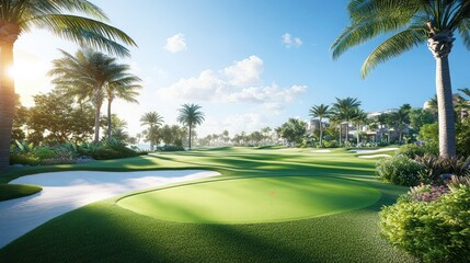 Colorful tropical golf course flora with palms swaying over smooth putting greens near beach cliffs