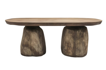 Long, oval wooden top coffee table with two unique, sculpted, pedestal-style legs