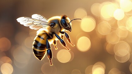 A detailed close up of a bee in flight with a blurred bokeh background of golden light circles