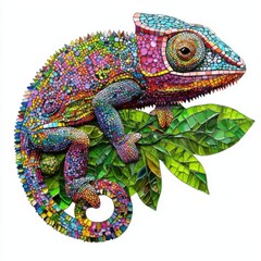 Colorful chameleon resting on green leaves illustration