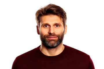 Bearded man with kind eyes, portrait shot, cut out transparent