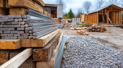 Construction materials like rebar, gravel, and cement stacked beside open foundation forms