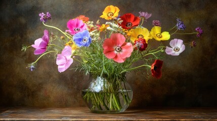 Colorful wildflower bouquet in glass vase vibrant floral still life