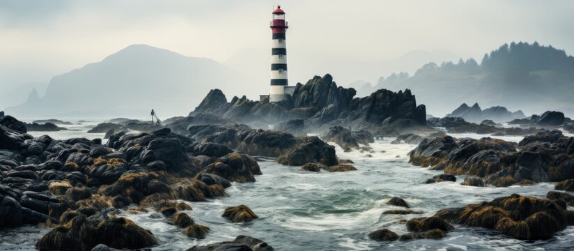 black and white striped lighthouse on rocky coastline with misty background, Panoramic view of a lighthouse on a rocky seashore
