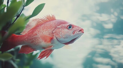 Obraz premium A vibrant red fish swims amidst lush underwater greenery.