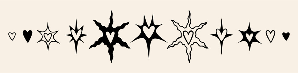 Hearts with spikes, Abstract tattoo style set. Hand drawn modern vector illustration, liquid curves and sharp thorns. Minimalist retro graphics for trendy edgy designs