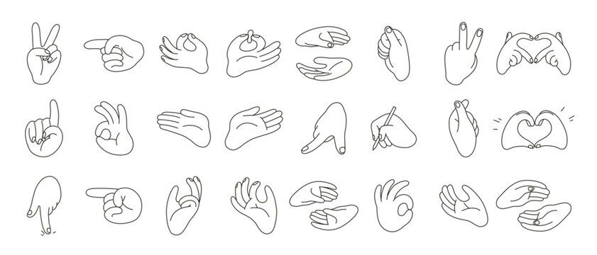 Line art set of Hands gestures with editable unexpanded outlines, stroke in curves. Gesturing human arms making Heart shape, showing OK sign and holding pen. Doodle style vector illustration