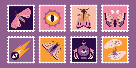 Set of cute hand drawn post stamps with various moths, night butterflies and mystical esoteric elements. Nocturnal insect collection. Trendy modern vector illustrations, flat design