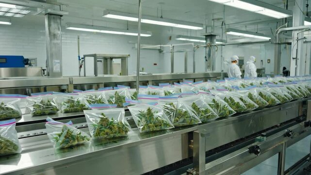 Bags of Cannabis Buds Moving Along a Conveyor Belt in a Processing Facility