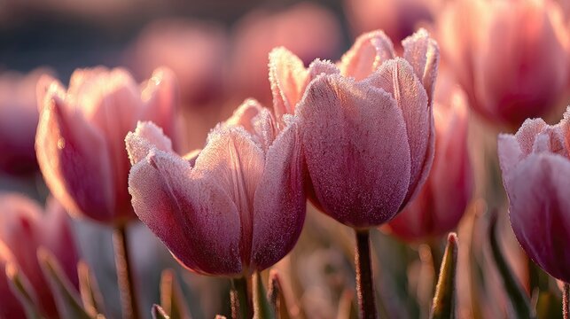 Tulips covered in soft morning frost under golden sunlight