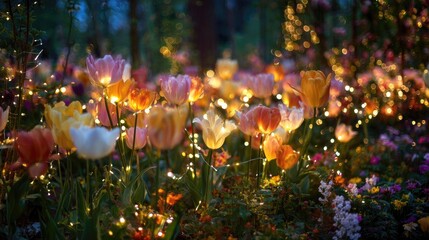 Tulips illuminated by fairy lights in a magical garden setting