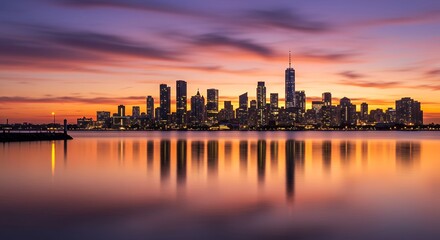 Obraz premium Serene twilight cityscapes: urban skyline reflected in tranquil waters