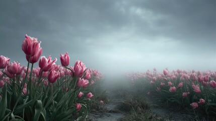 Tulips in a foggy landscape appearing dreamlike and ethereal