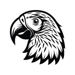 Bold Silhouette of a Parrot Head with Detailed Feathers, Black and White Icon Style