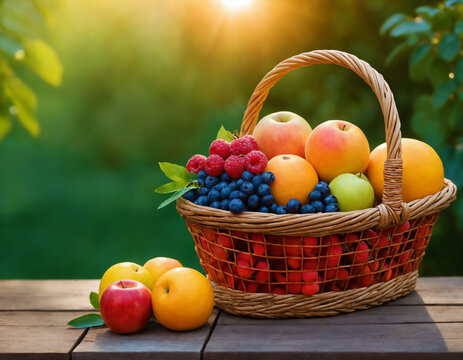 Sunlit scene of fresh fruit basket on rustic table outdoors