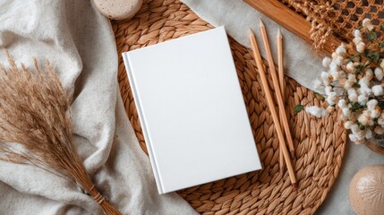 Blank book mockup, cozy aesthetic, featuring natural elements like woven placemats, pencils, and dried flowers