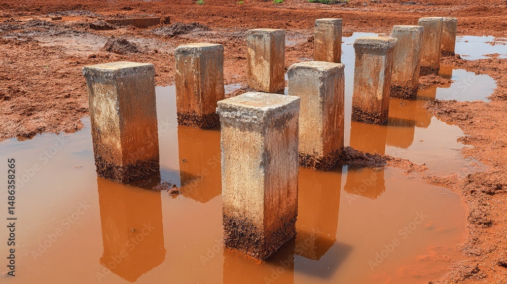 Aufkleber isolated view of foundation piers surrounded by damp soil in a partially built site