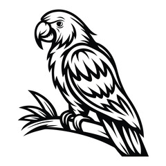 Parrot on Branch Silhouette Detailed Feathers, Eye, Beak, Tropical Bird, Exotic Icon