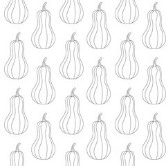 Repeated pattern of outlined squashes in black and white showcasing autumnal themes for design