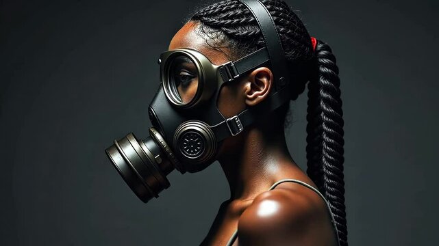 Young woman in gas mask on black background, close up face of beautiful african american woman in respirator, personal protection concept, dramatic atmosphere