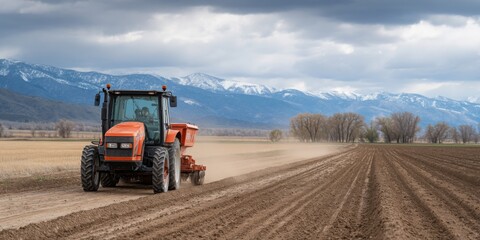 Obraz premium Tractor plowing a field with mountains in the background during overcast weather