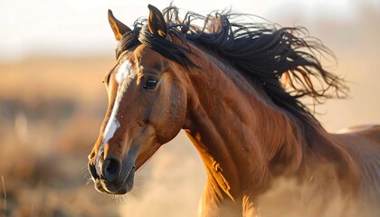 Obraz premium Brown Horse Galloping Through Dusty Field Illuminated By Warm Sunlight
