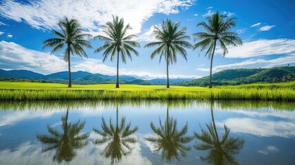 Obraz premium Palm reflections in calm water feature beside a tropical fairway with vivid green grass and blue sky
