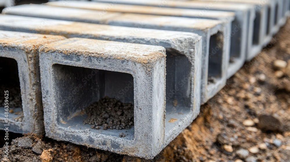 Poster precast concrete blocks laid in trench foundation for a modular build