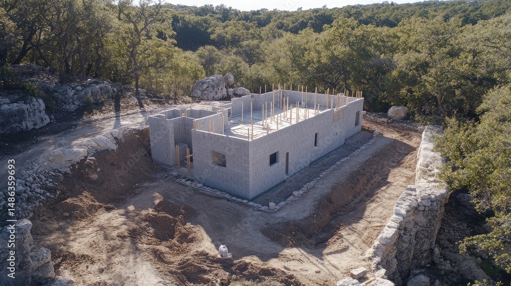 Poster precast concrete blocks laid in trench foundation for a modular build