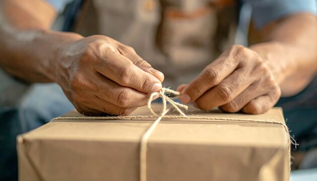 Hands Tying Brown Twine Around A Wrapped Package Focused On Crafting Process
