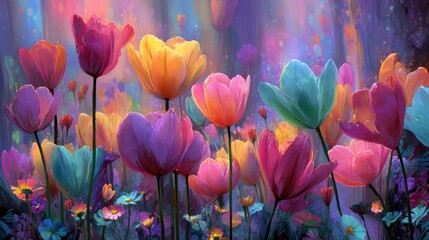 A whimsical tulip garden filled with vibrant multicolored flowers in soft glowing light