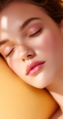 Obraz premium Warm light enhances the peacefulness of a woman resting with closed eyes.