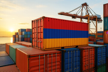 Shipping container painted in Armenia’s national colors — red, blue, and orange — placed in a port scene. Suitable for Armenian trade, export promotions, or transport visuals.
